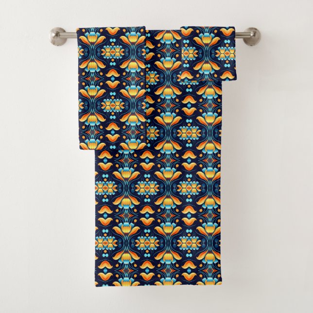 blue orange flowers Art Deco Bath Towel Set (Insitu)