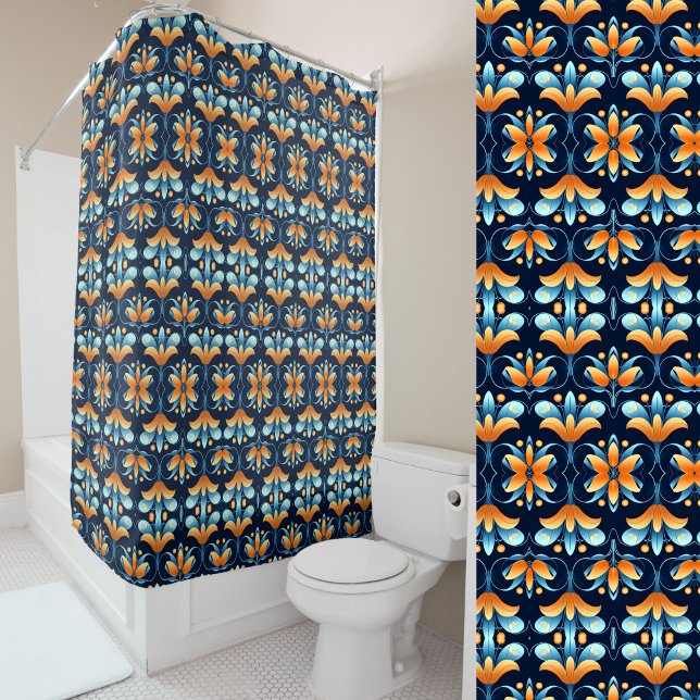 blue orange flowers Art Deco Shower Curtain (Creator Uploaded)