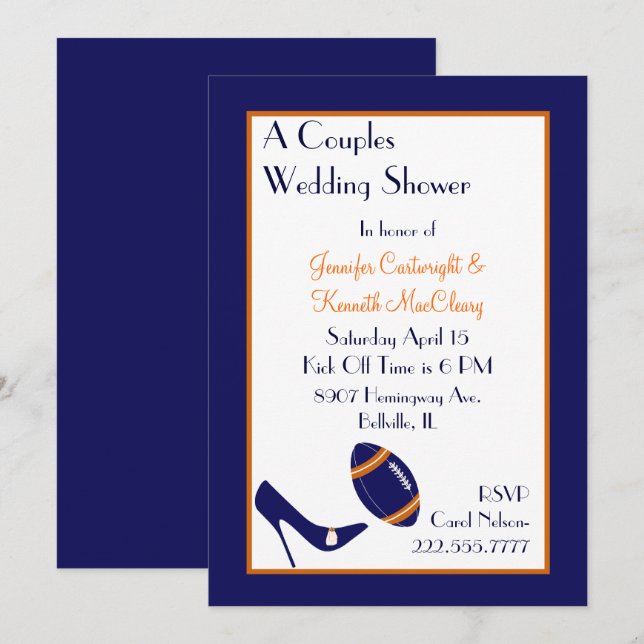 Blue & Orange Football Couples Wedding Shower Invitation (Front/Back)