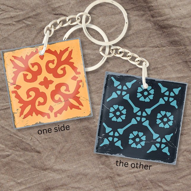 Blue Orange Geometric Tile Board Game Distressed Key Ring (Creator Uploaded)