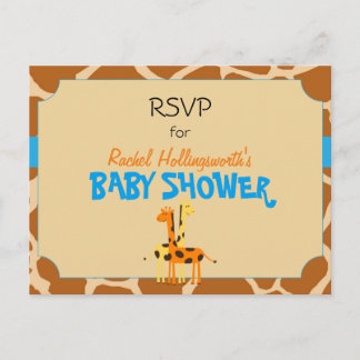 Blue & Orange Giraffe Safari Animal RSVP Invitation Postcard