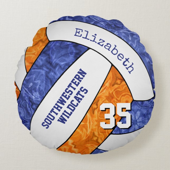 blue orange girls volleyball team colours gifts round cushion (Front)