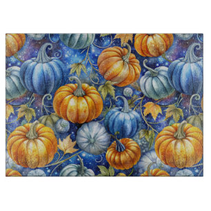 BLUE & ORANGE GLITTER LOOK FALL PUMPKINS CUTTING BOARD