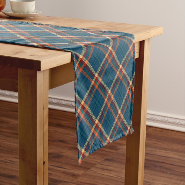 Blue Orange Gold Madras Plaid Pattern Short Table Runner (In Situ)
