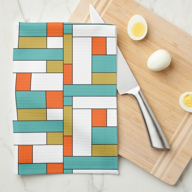 Blue Orange Gold Retro Colour Block Pattern Tea Towel (Quarter Fold)