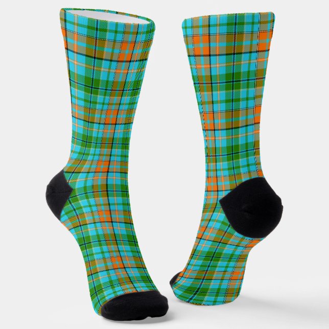 Blue Orange Green Plaid Tartan Design  Socks (Angled)