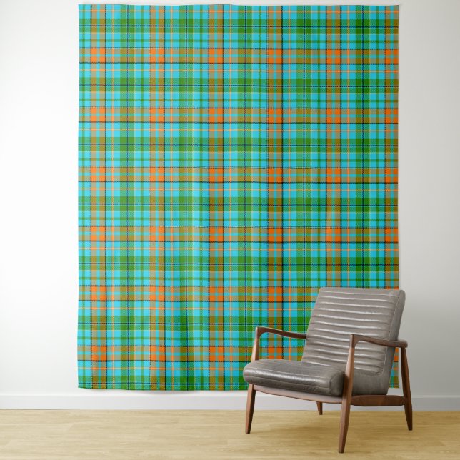 Blue Orange Green Plaid Tartan Design  Tapestry (In Situ)