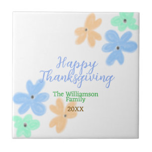 Blue orange green watercolor flower winterThanks Tile