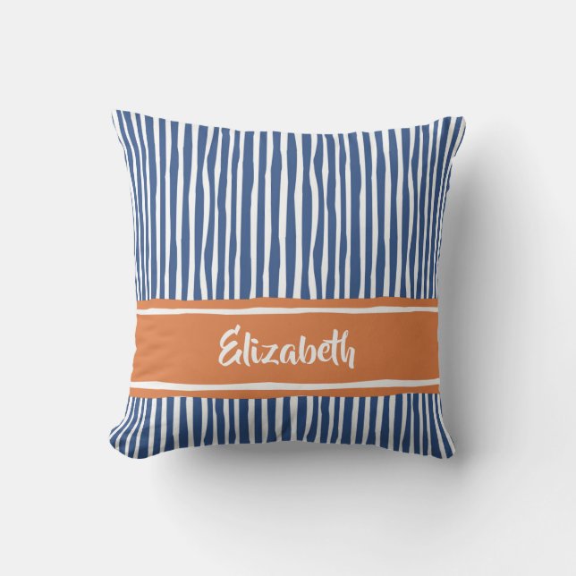 Blue Orange Hand Drawn Stripe Name Cushion (Front)