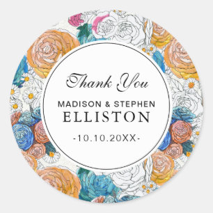 Blue & Orange Hand Painted Flowers   Thank You Classic Round Sticker