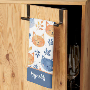 Blue Orange Happy Cat Faces Tea Towel
