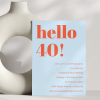 Blue Orange Hello 40 Birthday Party Bold Modern