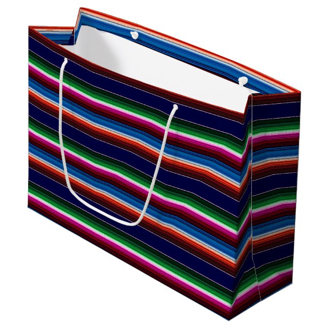Blue, Orange, Hot Pink, Green Mexican Sarape Large Gift Bag (Front Angled)