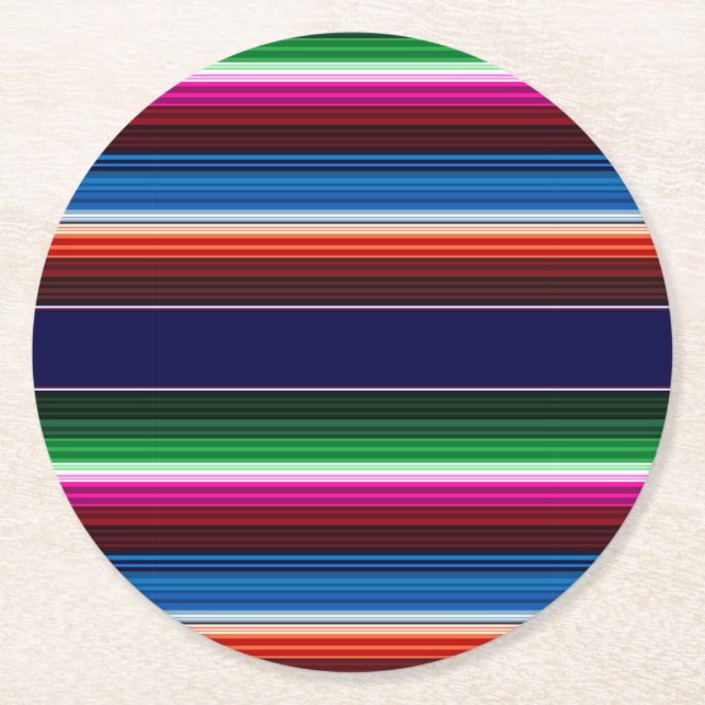 Blue, Orange, Hot Pink, Green Mexican Sarape Round Paper Coaster (Front)
