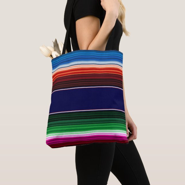 Blue, Orange, Hot Pink, Green Mexican Sarape Tote Bag (Close Up)