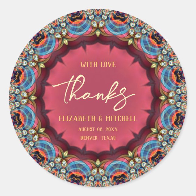 Blue Orange Jewel Fractal Lace Thanks Classic Round Sticker (Front)