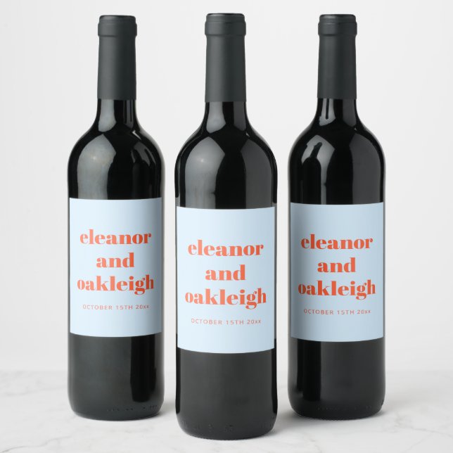 Blue Orange Modern Bold Wedding Favour Custom  Wine Label (Bottles)