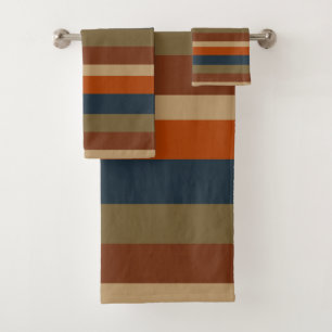 Blue, orange, olive, and sand stripes bath towel set