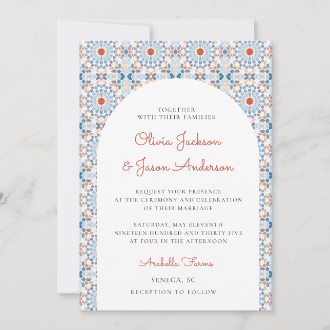 Blue Orange Oriental Arch Moroccan Desert Wedding  Invitation (Front)