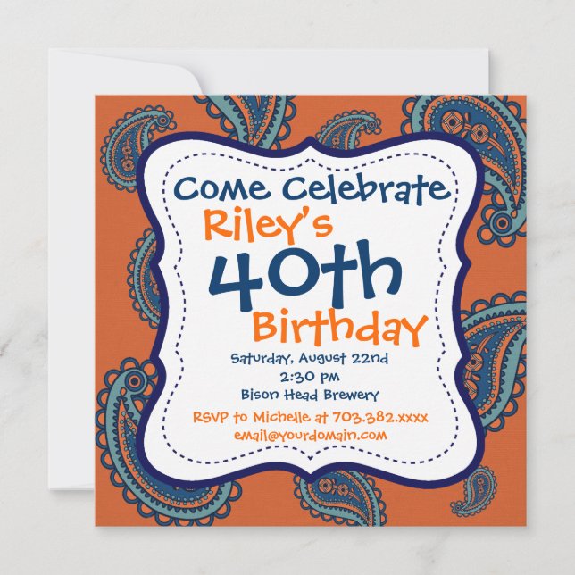 Blue Orange Paisley 40th Birthday Party Invitation (Front)