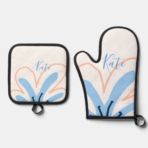 Blue orange pastel flower add name boho retro gift oven mitt & pot holder set