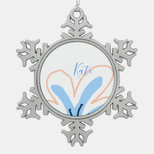 Blue orange pastel flower add name boho retro gift snowflake pewter christmas ornament