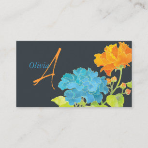 Blue Orange Peony Monogram Business Card