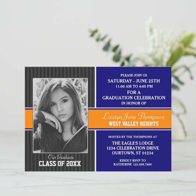 Blue|Orange Photo Graduation Announcements (Standing Front)