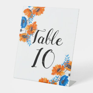 Blue & Orange Poppy Marble Wedding Table Number Pedestal Sign
