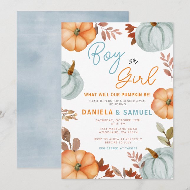  Blue Orange Pumpkin Gender Reveal  Invitation (Front/Back)