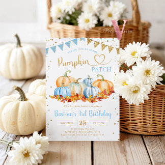 Blue Orange Pumpkin Patch Gold Glitter Birthday Invitation