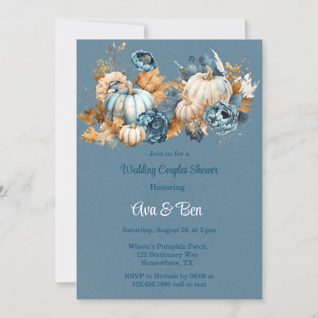 Blue Orange Pumpkin Peony Wedding Couples Shower Invitation (Front)