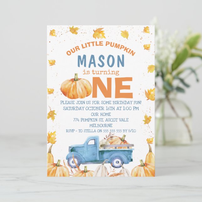 Blue Orange Pumpkin Truck 1st Birthday  Invitation (Standing Front)