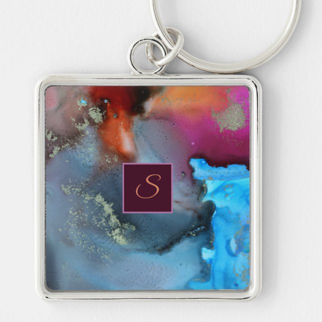 Blue Orange Red Abstract Waves Monogram Key Ring (Front)