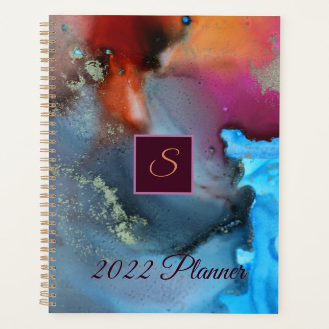Blue Orange Red Abstract Waves Monogram Planner (Front)