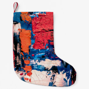 Blue, orange, red, and black painting small christmas stocking