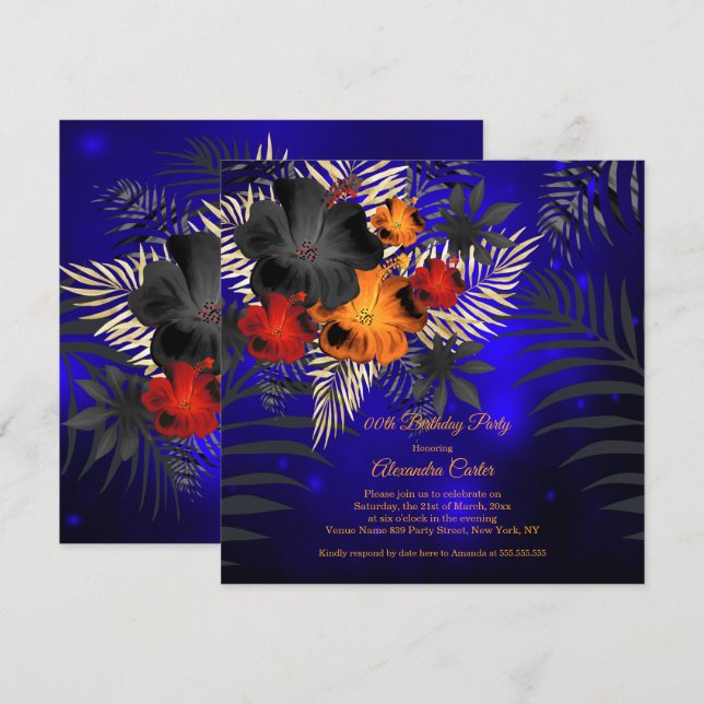 Blue Orange Red Black Hibiscus Floral Birthday Invitation (Front/Back)