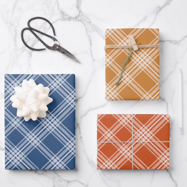 BLUE ORANGE RED FALL PLAID PATTERNS WRAPPING PAPER SHEET (Front)