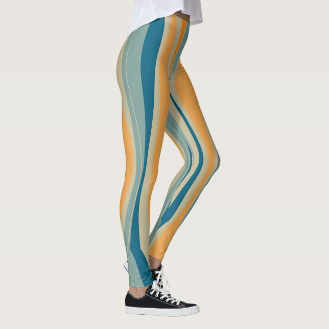 Blue & Orange Retro Wavy Stripes Leggings (Right)
