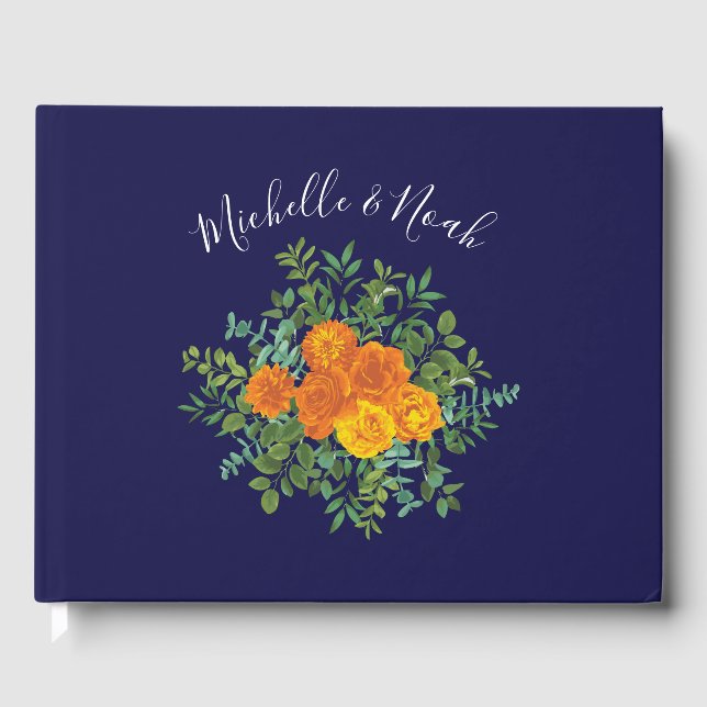 Blue & Orange Rose Floral Modern Wedding Guest Book (Front)