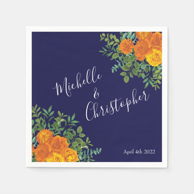 Blue & Orange Rose Floral Modern Wedding Napkin (Front)