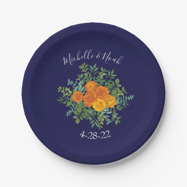 Blue & Orange Rose Floral Modern Wedding Paper Plate (Front)