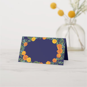 Blue & Orange Rose Floral Modern Wedding Place Card