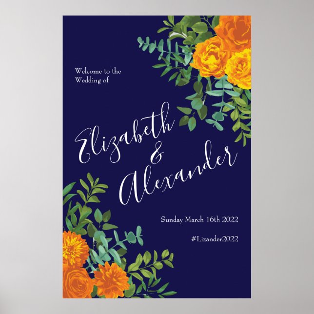 Blue & Orange Rose Floral Modern Wedding Poster (Front)