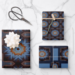 Blue Orange Rustic Star Pattern No1 Wrapping Paper Sheet