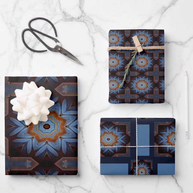 Blue Orange Rustic Star Pattern No1 Wrapping Paper Sheet (Front)