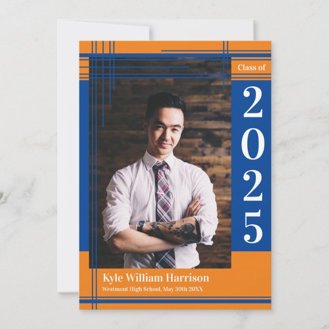 Blue Orange School Color Graduation Photo Plaid Invitation (Front)