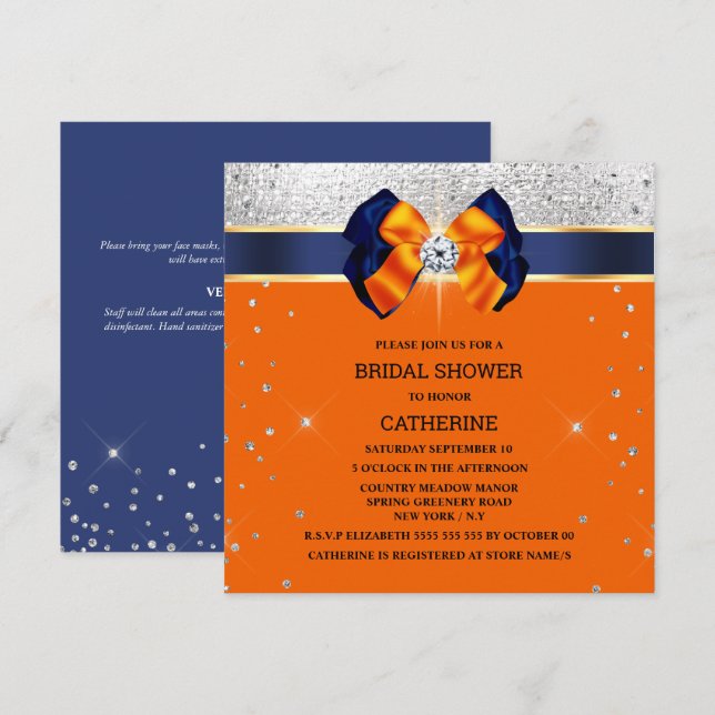 Blue orange silver glitter bow elegant sparkle invitation (Front/Back)