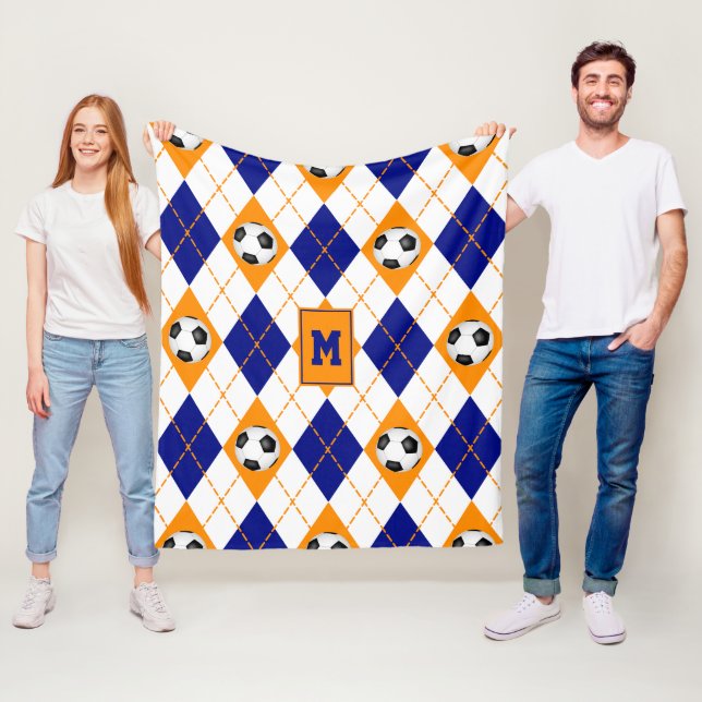 blue orange soccer team colours argyle pattern fleece blanket (In Situ)