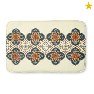 Blue Orange Spanish Tile Flower Pattern Bath Mat
